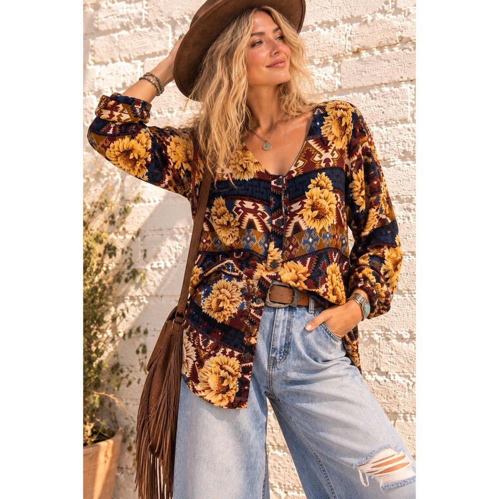 Vintage Roper Multicolor Rayon Button Up Sunflower Southwestern Top XL